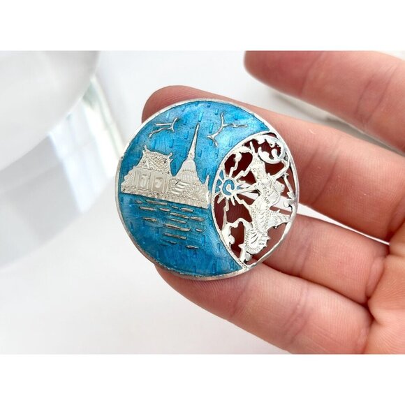 Mekkala Goddess Blue Enamel Siam Sterling Silver 925 Cutout Vintage Brooch - Picture 5 of 9